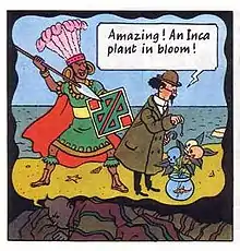 Tintin is shown dreaming; in his dream we see Calculus dowsing towards a plant that has blossomed skulls and is potted into a fish bowl; an Inca dressed in ceremonial attire is behind him raising a spear.