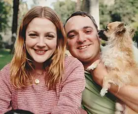 Drew Barrymore with Montgomery shooting "The Save-A-Pet Show" which he produced and directed.