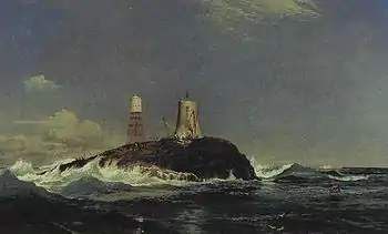 A painting of a wave-lashed rock in the midst of the sea. There are two structures on the rock – a small capsule on a lattice of metal legs and a short stone tower attended by various lifting devices.