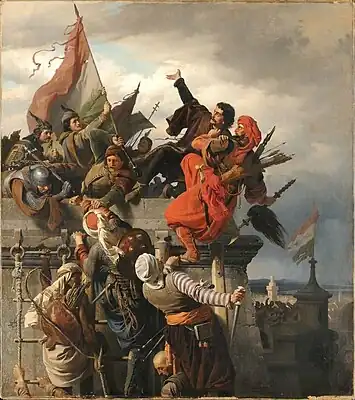 Image 7The heroism of Titusz Dugovics grabbing the Ottoman standard-bearer while both of them plunge to their deaths, during the Siege of Belgrade (1456). Painting is titled Titusz Dugovics Sacrifices Himself, by Alexander von Wagner, 1859.