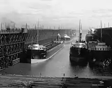 Image 5Duluth, Missabe and Iron Range Railway ore docks loading ships, circa 1900–1915. (from History of Minnesota)