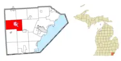 Left: Location within Monroe County (red) and the administered village of Dundee (pink); Right: Location within the state of Michigan