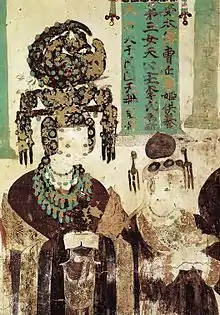 Wife of a Khotanese ruler (right) and a Uyghur lady in Uygur clothing (left), Mogao cave 61.