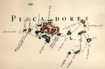 Map of Penghu (the Pescadores) including Hujing Island (labeled as Groote Taaffel) (circa 1726)