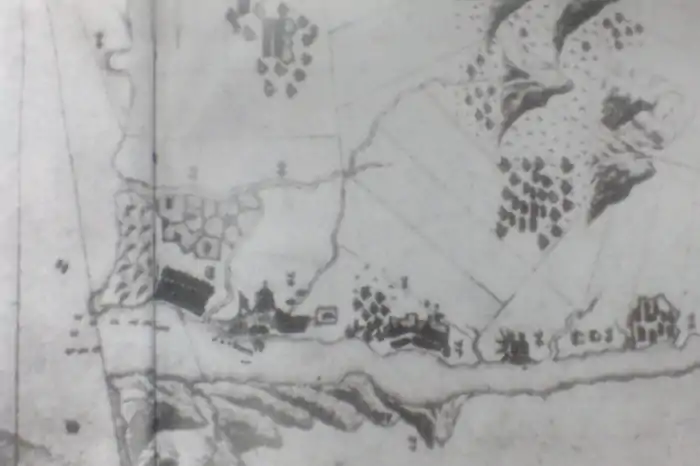 The ancient map drawn by the Dutch in 1654, the sharp-top fortress within it is the Fort Antonio