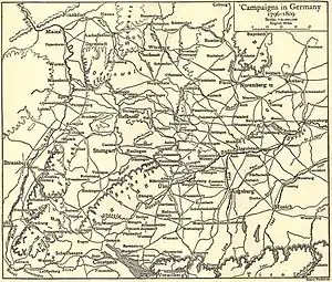 Black and yellow map of German theater of war 1796–1809.