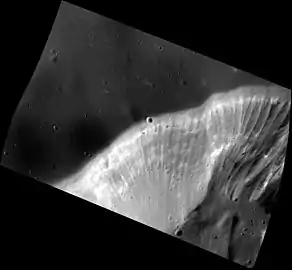 Very high-resolution image of the northern rim, showing gullies and evidence of the formation of hollows