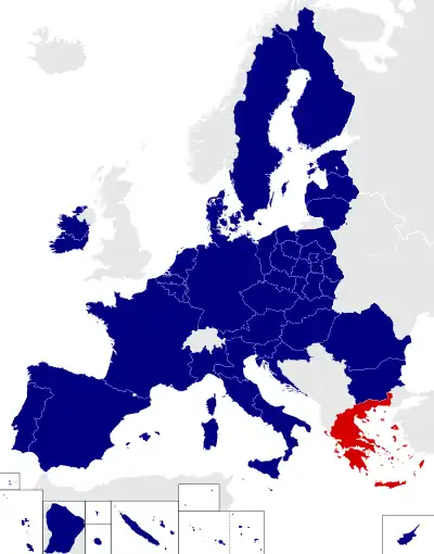 Map of the European Parliament constituencies with Greece highlighted in red