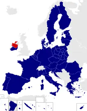 Map of the European Parliament constituencies with Midlands–North-West highlighted in red