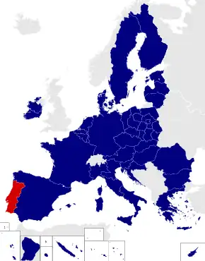 Map of the European Parliament constituencies with Portugal highlighted in red