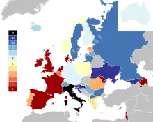 Political map of Europe with countries coloured by the number of points were awarded to Italy by the country's jury, with dark blue being twelve points and dark red being zero points. In general, many eastern European countries are coloured blue, while several western European countries are coloured dark red.