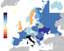 Political map of Europe with countries coloured by the number of points were awarded to Italy through televoting, with dark blue being twelve points and dark red being zero points. In general, most countries are coloured blue, with only the Netherlands, Sweden and the United Kingdom in red.