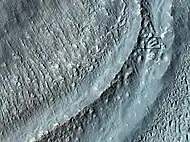 Close-up of the area in the box in the previous image. Interpreted as the terminal moraine of a glacier. For scale, the box shows the approximate size of a football field. Image taken with HiRISE under the HiWish program.  Location is Hellas quadrangle.