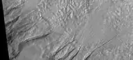 Close up of gully aprons, as seen by HiRISE under HiWish program  Note this is an enlargement of the previous image of gullies in a crater.