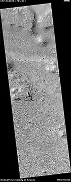 Wide view of layered terrain, as seen by HiRISE under HiWish program. Location is northeast of Gale Crater.