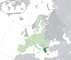 Location of Third Hellenic Republic (dark green)– in Europe (green & dark grey)– in the European Union (green)  –  [Legend]