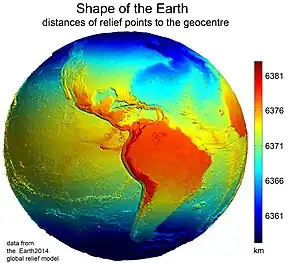 Image 30Earth's western hemisphere showing topography relative to Earth's center instead of to mean sea level, as in common topographic maps (from Earth)