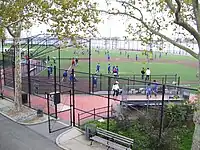 The park has numerous athletic facilities, for baseball, football, soccer, basketball, tennis, and running (all to be demolished except landmarked building)