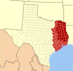 East Texas counties in red; the inclusion of pink and red counties varies from source to source, thus may or may not be included in East Texas