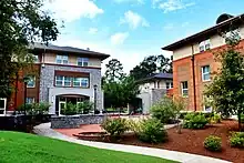 External photograph of two modern residence halls