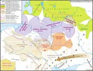 Image 78Map of the ancient Baltic homelands at the time of the Hunnish invasions (3rd-4th c. AD). Baltic cultural areas (identified archaeologically) are in purple. The Baltic sphere originally covered Eastern Europe from the Baltic Sea to modern Moscow. (from History of Lithuania)