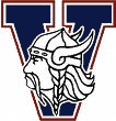 The logo is an outlined letter V with a viking head superimposed. He is looking to the left and his hair and mustache are blown backwards.