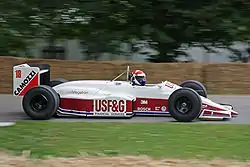 The USF&G-liveried Arrows A10B driven at Goodwood in 2008. This car was driven by Eddie Cheever and Derek Warwick in the 1988 season.