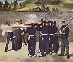 Image 41The Execution of Emperor Maximilian, 19 June 1867. Gen. Tomás Mejía, left, Maximiian, center, Gen. Miguel Miramón, right. Painting by Édouard Manet 1868. (from History of Mexico)