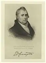 Black and white print of solemn looking man in 18th century civilian dress with dark coat and white shirt