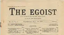 The top half of a yellowed page of a periodical entitled "The Egoist" with "An Individualist Review" as the subtitle and "Formerly the New Freewoman" underneath the subtitle.