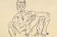 Sketch of a male nude in black crayon, Egon Schiele, 1918