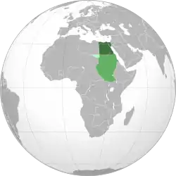 Green: Kingdom of EgyptLighter green: Condominium of Anglo-Egyptian SudanLightest green: Ceded from Sudan to Italian Libya in 1934.