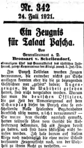 German newspaper clipping headed "A Tribute for Talaat Pasha"