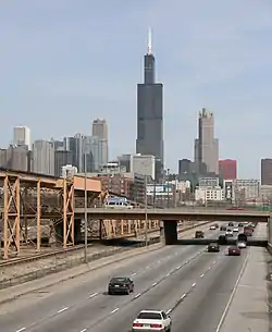 The Eisenhower Expressway at the Ashland Avenue Overpass looking east towards downtown. The 'Ike' as it is known locally, runs parallel to the CTA's Blue Line. Both connect the city to the western suburbs.