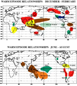 Picture showing regional impacts on El Niño. During the warm season, an El Niño leads to higher precipitation.