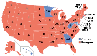 Electoral Map of the 1980 election. Almost all the states are Red.