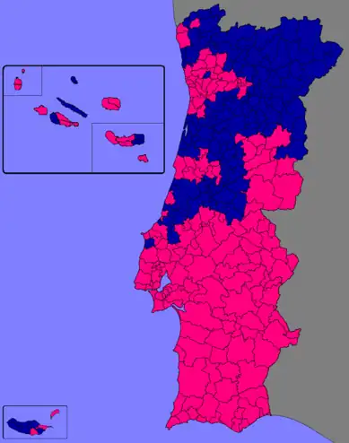 Strongest candidate by municipality: Eanes - magenta; Soares Carneiro - darkblue.