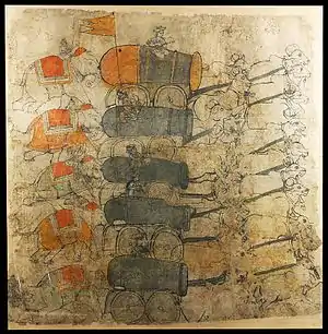 Elephants pushing cannons drawn by bullocks, Kota, mid-18th century.