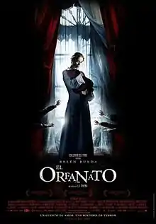 Film poster illustrating a woman cradling a baby covered in cloth in a dark room in front of a bright window. Five small hands are seen covering the window from the darkness. Text at the bottom of the poster reveals the original Spanish title, production credits and release date.