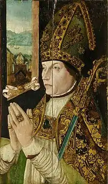 A black and white reproduction of a painting of a man with a bishop's mitre and crook praying, with a window in the background