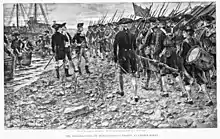 The Embarkation of Montgomery's Troops at Crown Point. Richard Montgomery and troops on shore at Crown Point, New York, en route for the invasion of Canada. Drawn by Sydney Adamson. Half-tone plate engraved by J.W. Evans. Printed 1902.