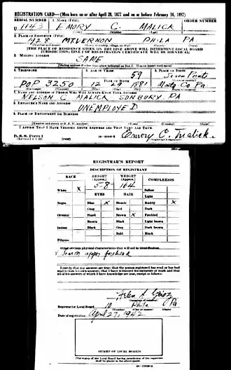 Emory C Malick's draft card showing white, ruddy complexion, blue eyes, brown hair (1942)