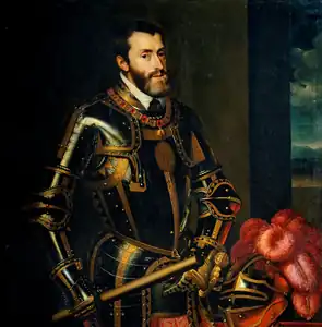 Painting of Charles V, Holy Roman Emperor by Juan Pantoja de la Cruz (c. 1605), after an original by Titian, depicting an elaborate Renaissance-era suit of armour.