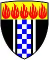 pale endorsed—Sable; a pale chequy argent and azure of 24 pieces, endorsed argent; on a chief or five flames gules—Secunda Health Committee, RSA