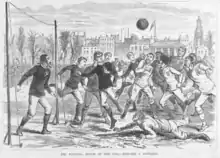 Image 3From 1866 to 1883, the laws provided for a tape between the goalposts (from Laws of the Game (association football))