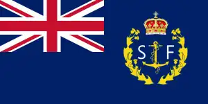 Marine Scotland's ensign; A blue ensign defaced by an anchor and chain, accompanied by silver letters SF (Scottish Fisheries), within a thistle wreath and surmounted by the Crown of Scotland.