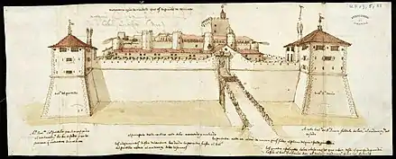 In 1593 Philip II of Spain built a citadel around the Aljafería, as seen in this 16th century drawing.