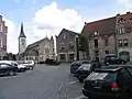 Village square with historical buildings