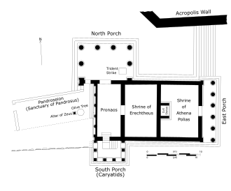 Top-down plan of an ancient Greek temple, with the three porches labelled