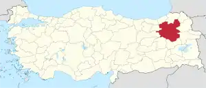 Erzurum highlighted in red on a beige political map of Turkeym